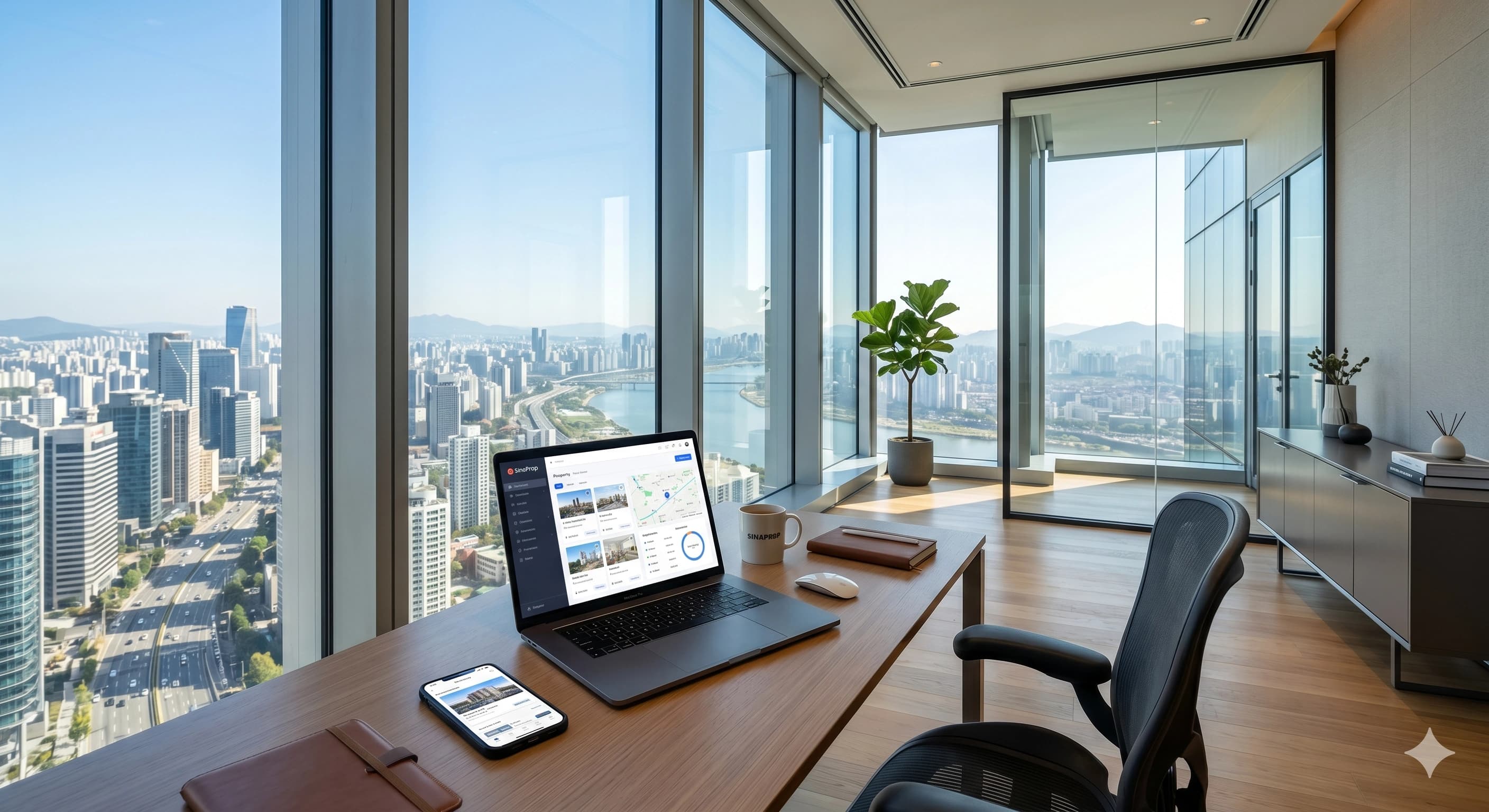 Oficina moderna con vista a la ciudad